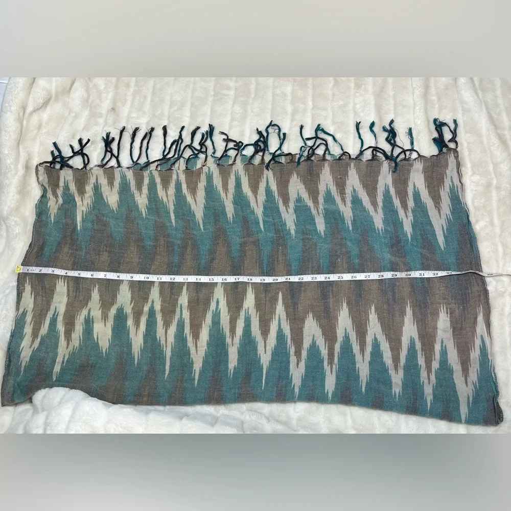 Ikat Boho Teal Brown Cream Fall Spring Tassel Scarf Travel Lightweight Semisheer